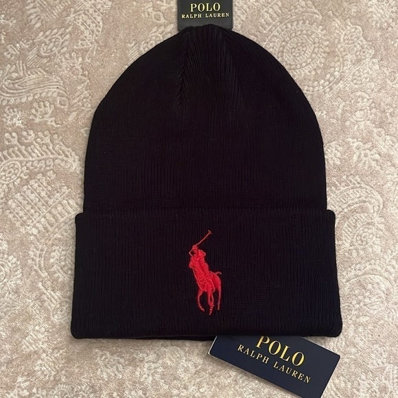 Brand New Polo Ralph Lauren Black Knit Stretch Beanie Hat Red Embroidered Pony - Picture 1 of 14